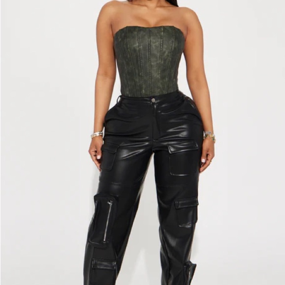 Never too Late Black Cargo Leather Pants